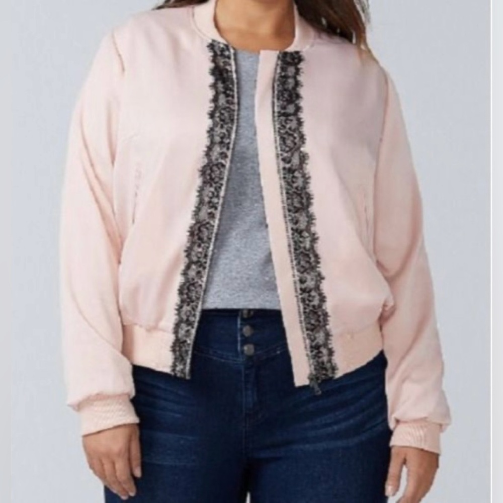 Lane Bryant rose pink sateen zip up bomber jacket black lace sz 22/24
